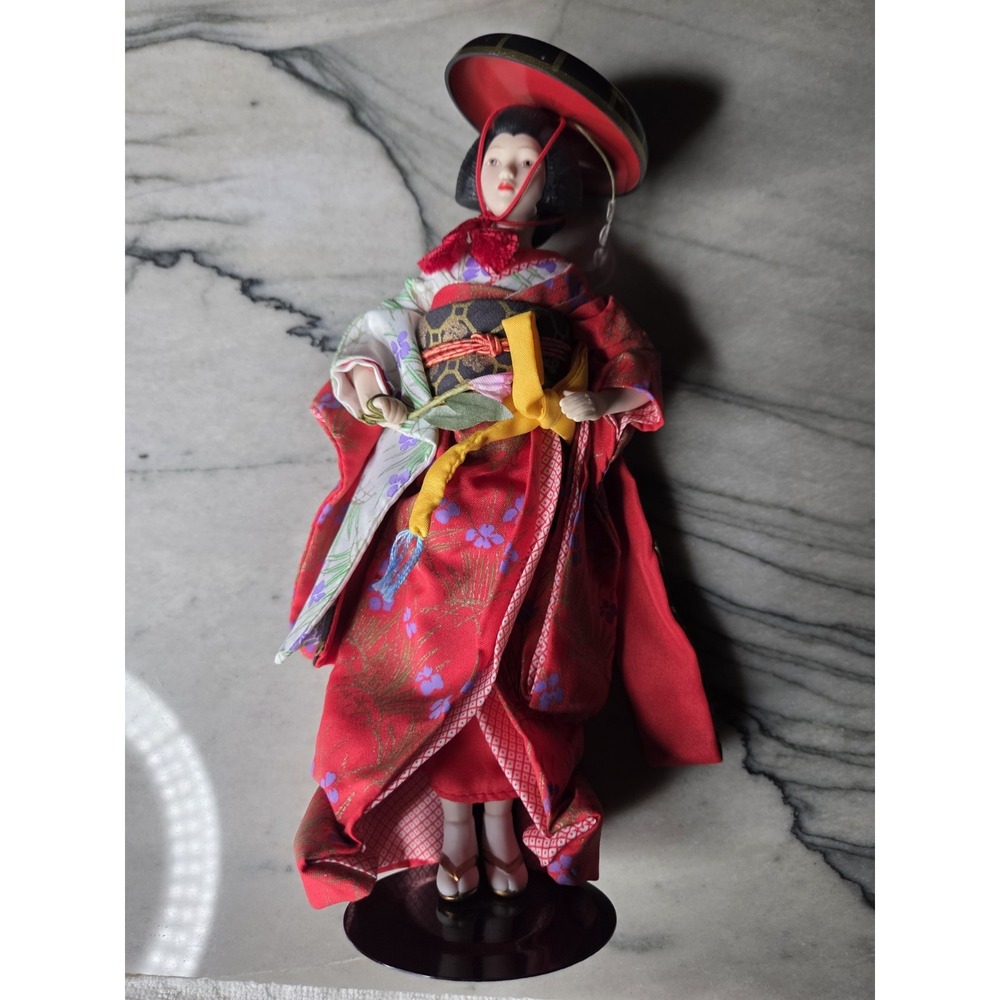 Vintage Japanese Geisha Doll Red Kimono Hat 11" Porcelain Face Silk Fabric Stand